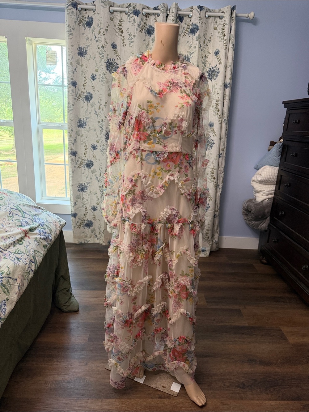 SHEIN Cream Maxi Dress with Pink & Green Floral Ruffles